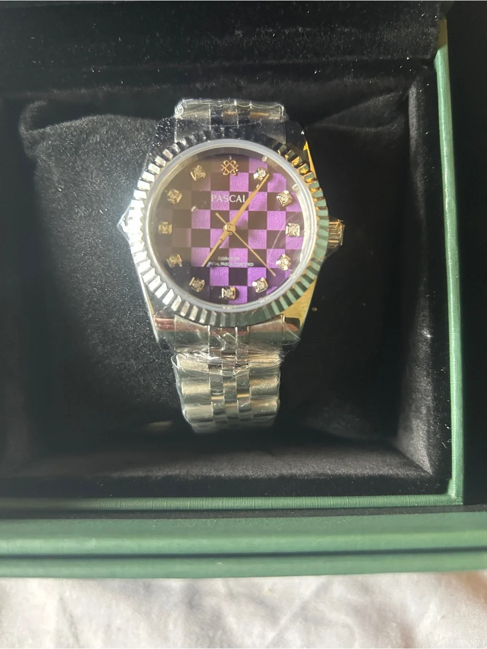 Unisex Pascal Silver Bracelet Watch with Lab Diamonds Purple Dial